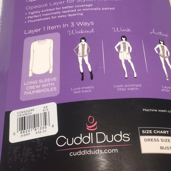 Cuddl Duds Double Plush Velour Crimson Long Sleeve Crew with Thumbholes - Picture 7 of 7